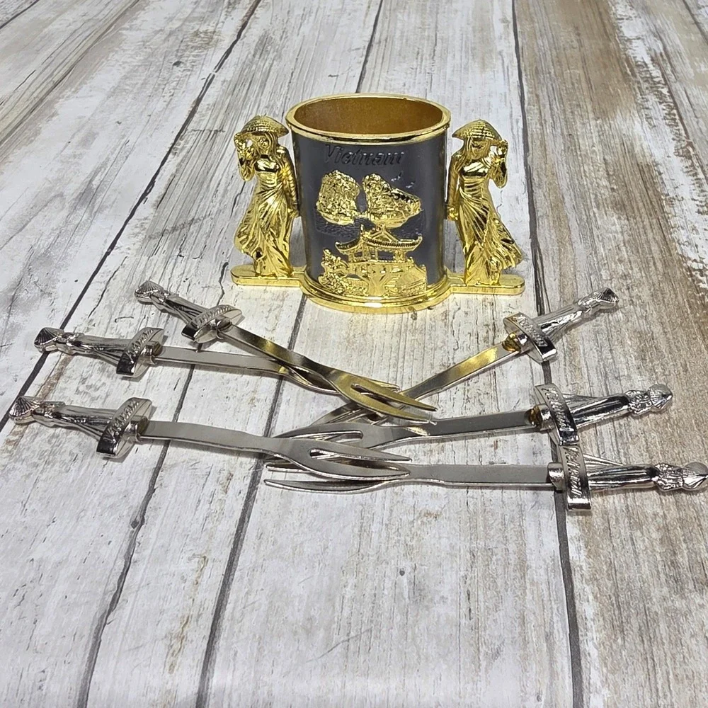 Vietnam Souvenir Appetizer Fork Set 6 Piece Metal Conical Hat Ao Dai Gold Silver